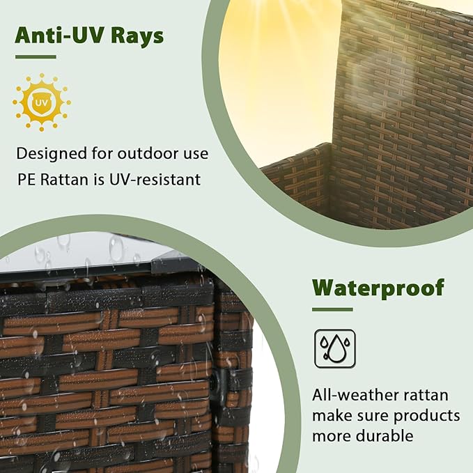 PayLessHere Outdoor Furniture Set 4 Pcs Modular Patio Furniture Set Water Resistant Conversation Set with 3 Rattan Chairs 1 Tempered Glass Topped Table for Patio Poolside, Brown Wicker/Red Cushions