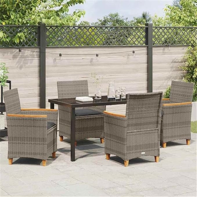 Afuera Living Contemporary 5 Piece Poly Rattan Patio Dining Set, Gray Finish, Steel Frame with Glass Tabletop, Weather-Resistant, UV-Resistant, Seats 4, Modern Outdoor Furniture for Garden or Terrace