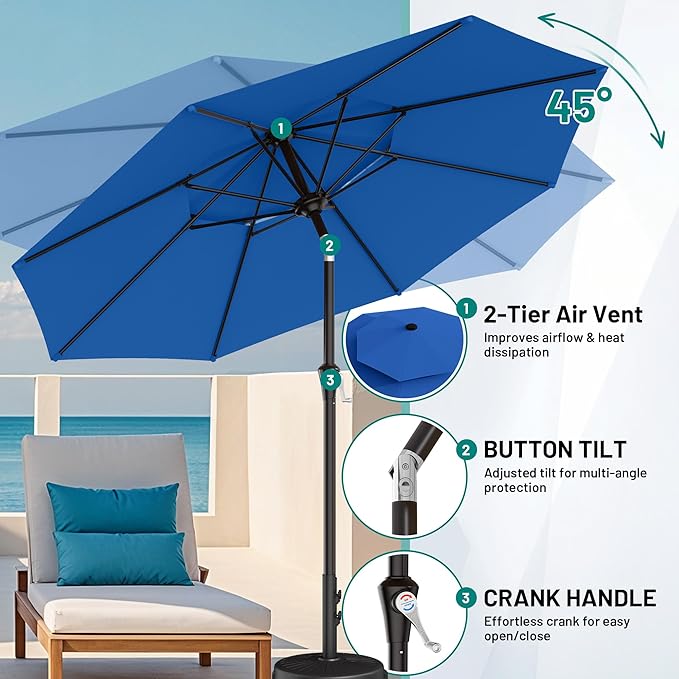 AreShark 9ft 2 Tiers Patio Umbrella - Outdoor Umbrella Waterproof UV Protection, Market Table Umbrella w/Push Button Tilt&Crank for Pool, Porch, Garden(Royal Blue)
