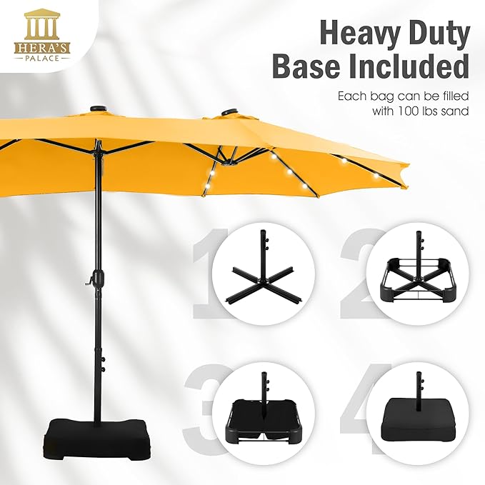 HERA'S PALACE 15ft Patio Umbrella with Base Included Double Sided Outdoor Umbrella for Patio Table Umbrella Outdoor 36 LED Solar Lights for Garden
