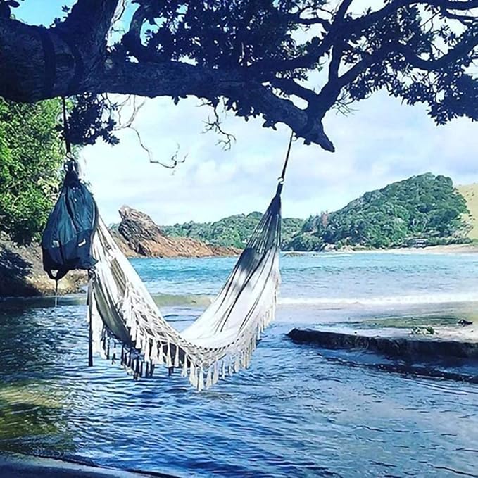 Portable Hammocks Canvas Hammock Macrame Fringed Deluxe Double Hammock Net Swing Chair Indoor Hanging Swing Hammocks Hammock for Outdoor