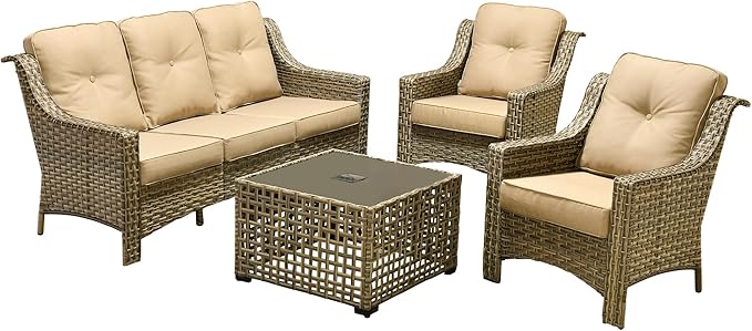 Outdoor Patio Furniture Sets, 4 PCS Patio Conversation Set Outside Rattan Sofa with Solar Light Coffee Table Comfy Cushions Fit Backyard Porch Garden Poolside Balcony,Beige