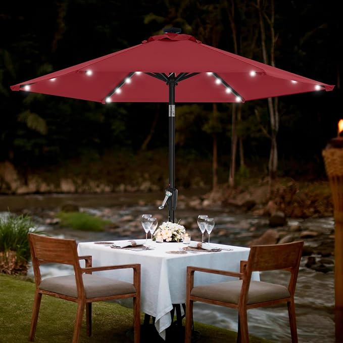 MASTERCANOPY 7.5FT 6Ribs Patio Umbrella with 32 Solar LED Lights, Outdoor Market Umbrella with Tilt & Crank, UV Protection & Fade Resistant Fabric, Easy Set-Up for Garden, Deck, Pool (Burgundy)