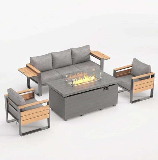 Sundale Outdoor Aluminum Patio Furniture Set with Fire Pit, 4 Piece Patio Conversation Sets with 5" Thick Cushions, Shimmer Coated Outdoor Couch with 2 Extendable Side Tables for Yard, Deck