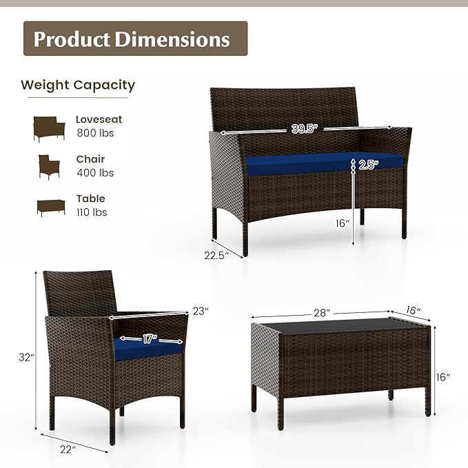 Tangkula 8 Piece Patio Rattan Conversation Set, Outdoor Wicker Furniture Set with Chair, Loveseat & Tempered Glass Table, Cozy Seat Cushions, Outside Sectional Sofa Set for Backyard, Porch
