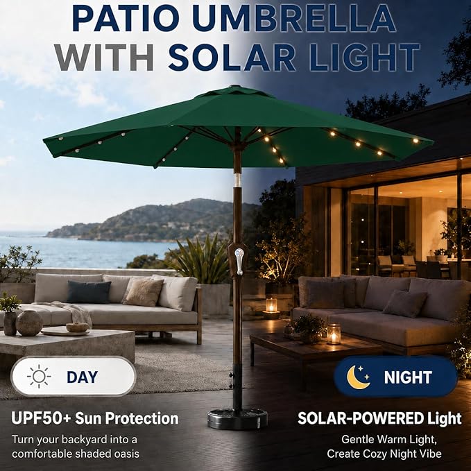 11FT Solar Patio Umbrella with Lights, Outdoor Table Market Umbrella with 32 LED Lights, 8 Sturdy Ribs, Smooth Crank Lift for Pool, Deck and Garden, UV-Resistant