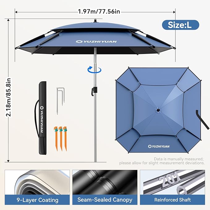 Patio Umbrella with Exclusive Black Coating, 7.2ft/7.8ft Heavy-Duty Double-Layer Nylon Canopy, Adjustable Tilt Sun Shade Outdoor Table Umbrella, UV Protection & Carry Bag for Beach, Fishing, Backyard