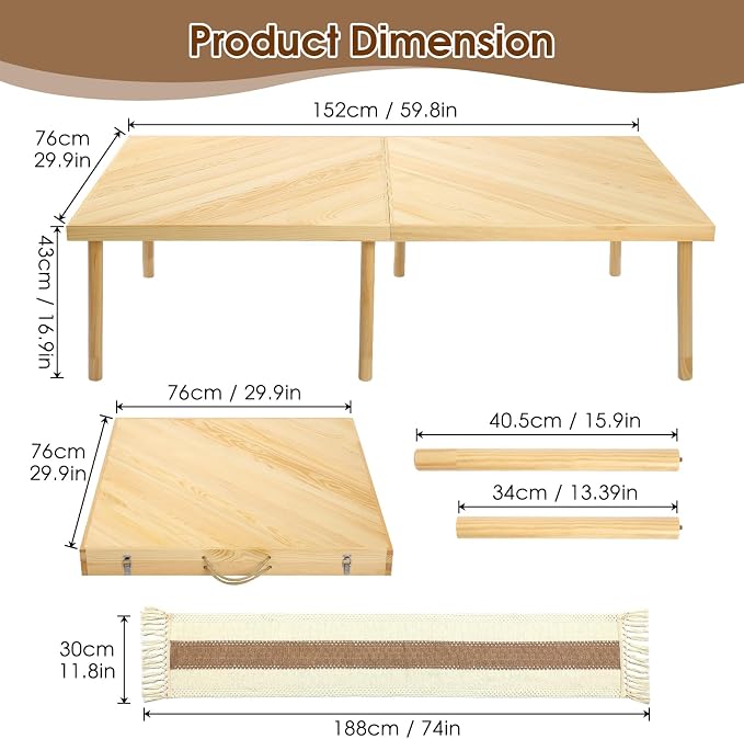 Folding Picnic Table with Table Runner, Portable Boho Low Picnic Table for Indoor Outdoor, 60" x 30" Wooden Table with Adjustable Heights for Camping, Wedding, Beach, Garden, Party(Large Size for 6)