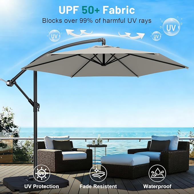 AreShark 10FT Patio Outdoor Umbrella, Offset Patio Umbrella Cantilever Umbrella, 6 Sturdy Ribs, Easy Adjustment for Garden Market Pool with Cross Base (Light Gray)