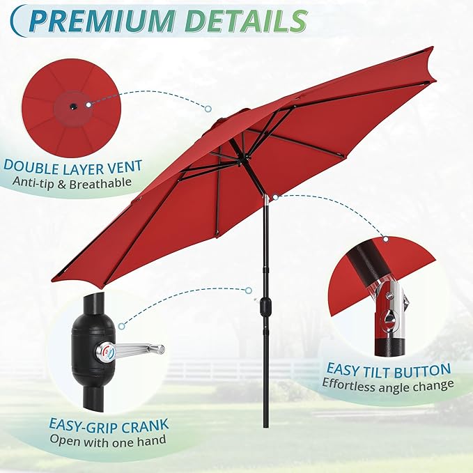 LUE BONA 10FT Patio Umbrella, Waterproof Outdoor Market Umbrella with Easy Crank & Tilt, Patio Table Umbrella for Deck Garden Backyard Pool, Bright Red