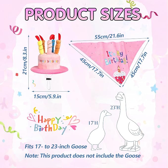 Happy Birthday Goose Outfit Porch Goose Outfits with Happy Birthday Cake Hat and Bandana Yard Geese Outfits for 23" 17" Cement/Plastic Porch Goose Outdoor Statue Patio Yard Lawn Art (Pink)