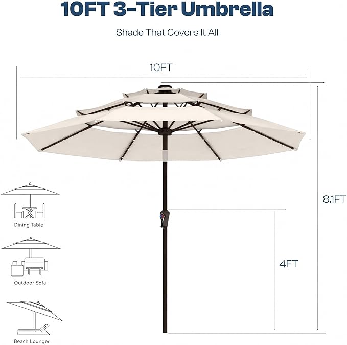10ft 3-Tier Patio Umbrella with 32 Solar Powered LED Lights, Windproof Outdoor Market Umbrella for Deck, Poolside & Garden, Sturdy Push-Button Tilt Table Umbrella, Creamy White