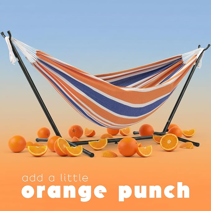 Vivere Double Cotton Hammock with Space Saving Steel Stand, Upgraded Polyester End Strings 450 lb Capacity - Premium Carry Bag Included - USA Grown Cotton (Orange Punch)