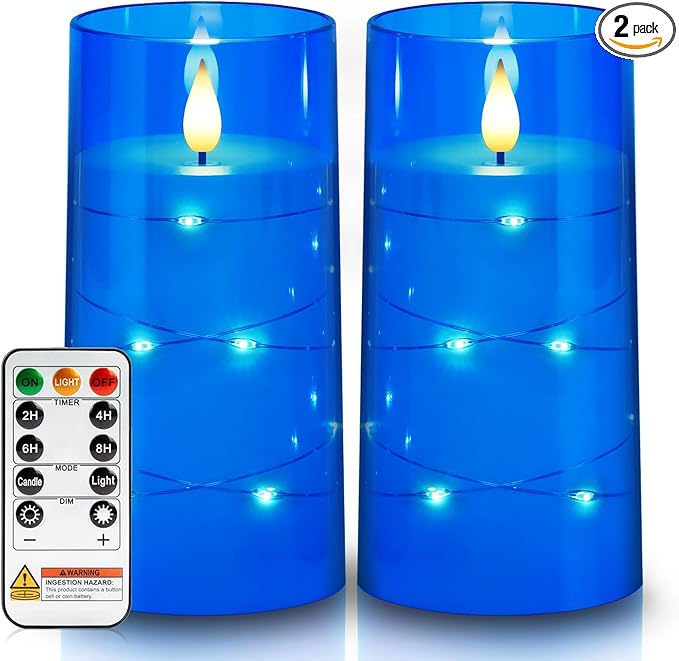 Homemory Flameless Candles with Embedded Star String Fairy Lights, Battery Operated Candles, LED Candle, Fake Candles with Remote Control and Timer, Blue, Set of 2(H 6" 6")