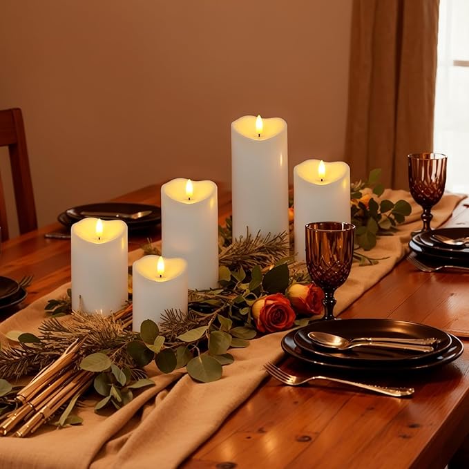 Raycare 3"x4"5" 6" 8" 8" Outdoor Waterproof Flameless Candles, Battery Operated LED Candles with Remote Control and Timer, Electric Fake Plastic Pillar Candles, Ivory White, Set of 5
