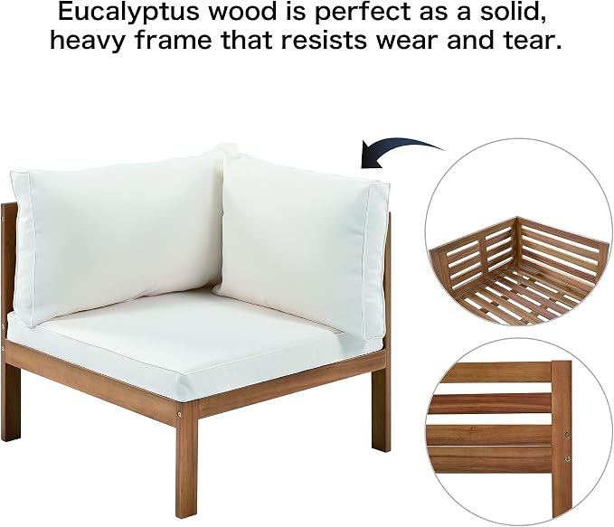 4 Piece Outdoor Patio Sectional Sofa w/Comfort Seat Cushions, All Weather Acacia Wood Patio Sectional Conversation Seat with Plus Coffee Table and Strong Metal Accessories, Water-resistant (Beige+AC)