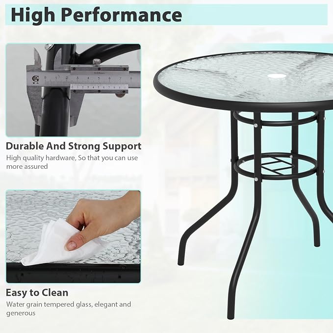 MKDLUFEI Patio Table with Umbrella Hole, 32 Inch Round Tempered Glass Metal Outdoor Dining Table Garden Elements for Balcony, Backyard Pool(Round)