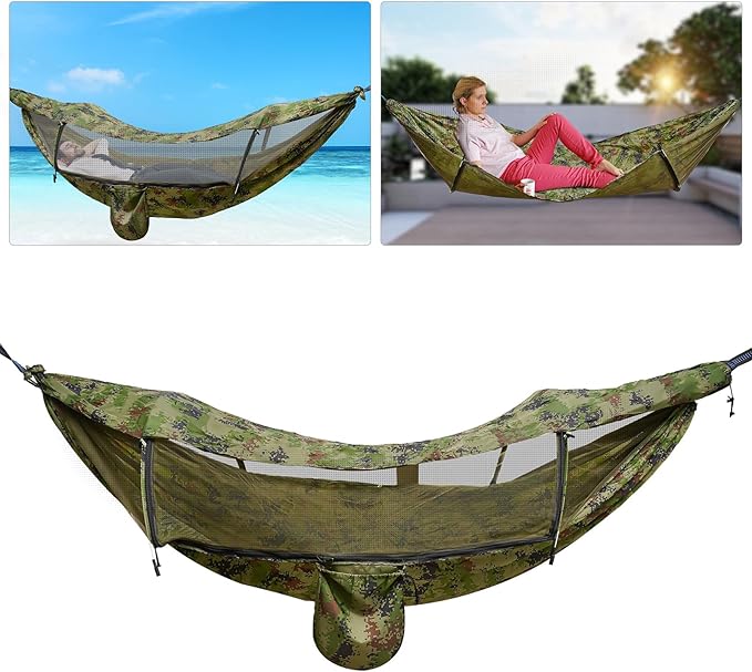 440.9 lbs Camping Hammock with Sunshade Cloth and Straps, 2.9 x 1.4m Anti-Mosquito and Anti-Sun Camping Hammock, Portable Camping Hammock(Camouflage Color)