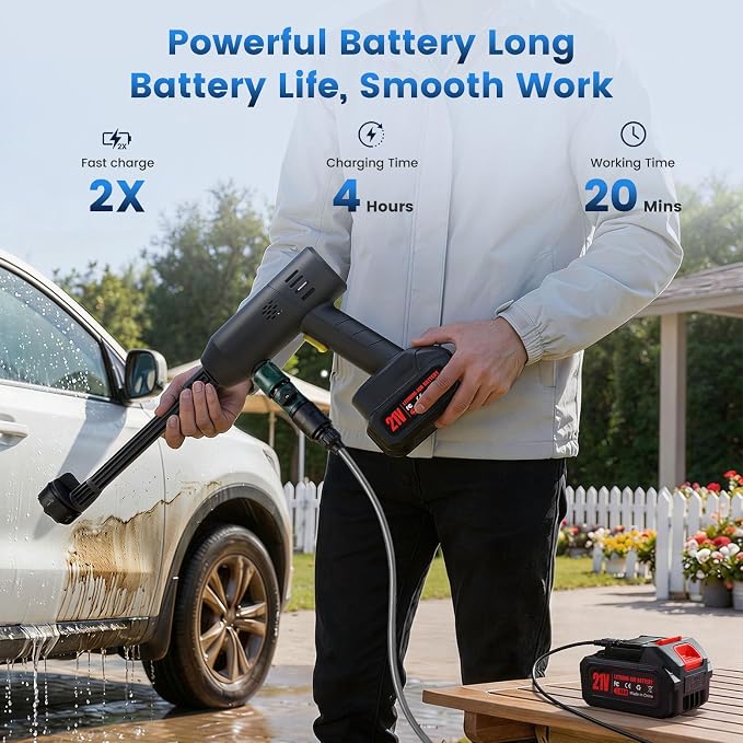 Cordless Portable Washer, 600PSI Portable 3000mAh Cleaner with 6-in-1 Nozzle & 2 Batteries and Shut-Off Valve Garden Hose Adapter for Watering, Cleaning, Car, Floor Wall Fence Cleaning