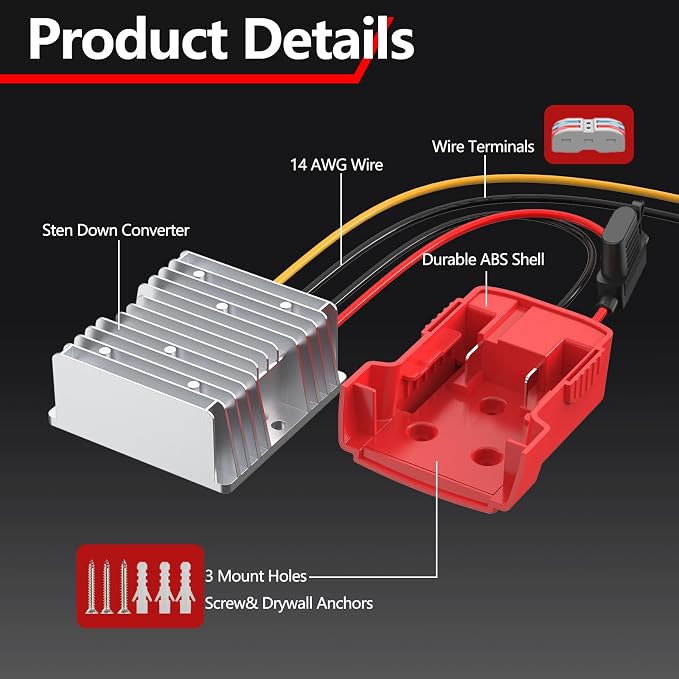 Upgraded 18V to 12V Step Down Power Aadpter Works with Milwaukee 18V Battery, DC 18V to DC 12V 20A 240W Power Wheel Converter, Buck Boost Voltage Regulator with Low Voltage Protection and Fuse