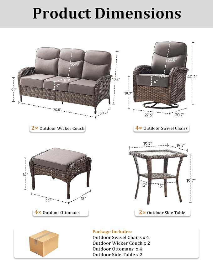12-Piece Luxury Patio Furniture Set with 6-inch Thick Cushion,Outdoor Wicker Sofa Couch Set of 2 & Swivel Rocker Chairs, Conversation Set for Poolside, Deck & Yard - Gray