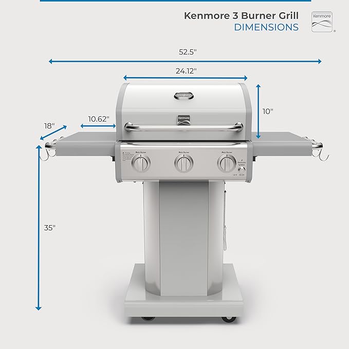 Kenmore 3-Burner Outdoor BBQ Grill | Liquid Propane Barbecue Gas Grill with Folding Sides, PG-A4030400LD-PE, Pedestal Grill with Wheels, 30000 BTU, Pearl White