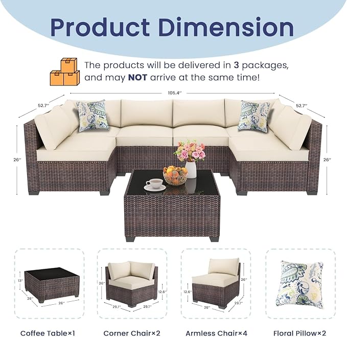 7 Piece Outdoor Patio Furniture Set with Modular Rattan Wicker Sectional Sofa Couch, Water Washable Thick Cushions, Modern Outdoor Conversation Set with Coffee Table for Garden(Purple)