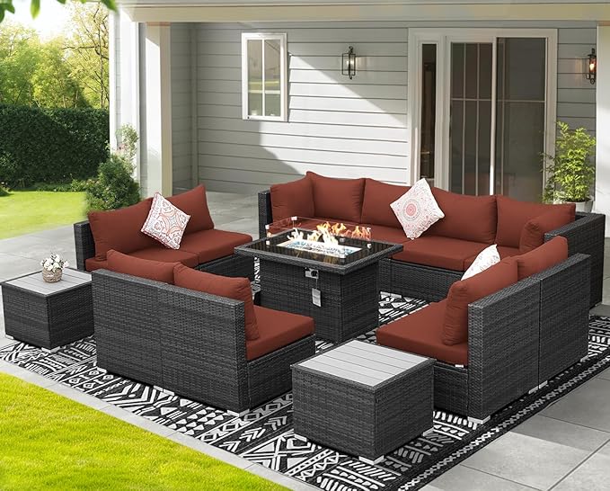 NICESOUL 13 Piece Outdoor Sectional Furniture with Firepit, Contemporary Back Yard Fireplace w/Seating Area, Plus Size 29.3'' High Back Patio Set, All-Weather Wicker Couch for Exterior, Gray & Red
