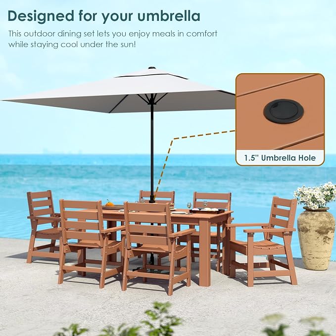 IVY&LANE Outdoor 5-Piece Dining Set for 4 | HDPE | 67’’ Rectangle Table and Chairs | Patio Furniture Sets | All Weather | Umbrella Hole | Teak | for Poolside Lawn Garden Backyard