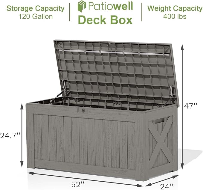 Patiowell 120 Gallon Large Deck Box, Outdoor Lockable Storage Box for Gardening Tools, Waterproof Deck Box for Patio Furniture, Light Brown