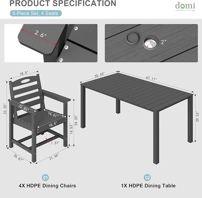 Domi HDPE Outdoor Dining Set, All-Weather 5 Piece Outdoor Dining Table Set with 2" Umbrella Hole, Outdoor Patio Dining Set for Garden, Poolside, Backyard, Deck, Grey