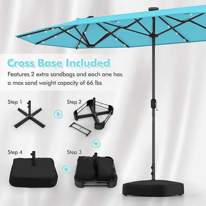 HAPPYGRILL Double-Sided Patio Umbrella with Solar Lights, 13FT Large Umbrella with Base Included, Crank Handle, Market Twin Table Umbrella for Outdoor Backyard Garden Poolside