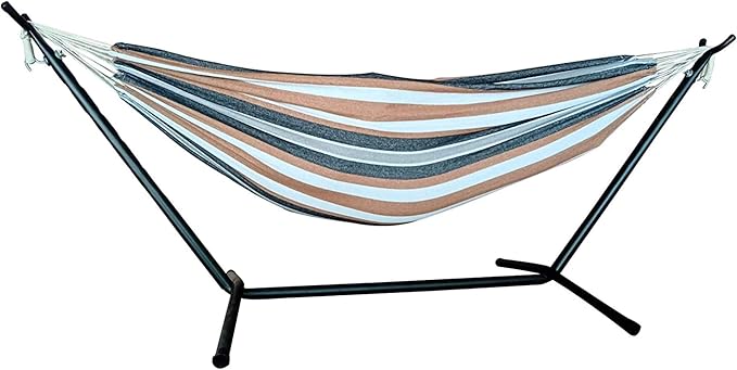 Brazilian Double Hammock Bed with Stand for 2 Person, Portable Steel Stand Hammock Bed for Indoor or Outdoor Use with Carrying Pouch in Desert Colors