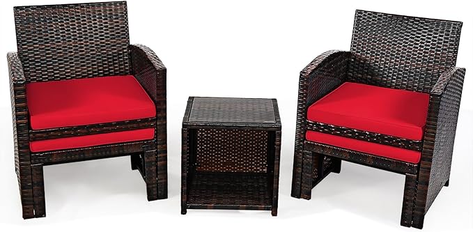 COSTWAY 5PCS Patio Rattan Wicker Furniture Set, Coversation Set with Side Table, Outdoor Cushioned Chairs with Ottomans for Backyard Deck, Red