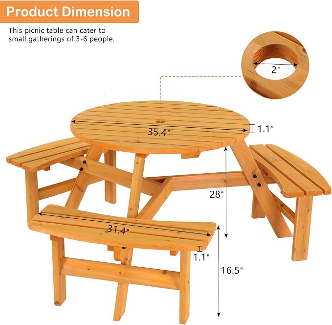 VINGLI 6 Person Wooden Picnic Table, Cedar Wood Patio Table with 3 Built-in Benches, 300LBS Capacity Outdoor Picnic Table Set with Umbrella Hole for Garden, Patio, Backyard, Natural