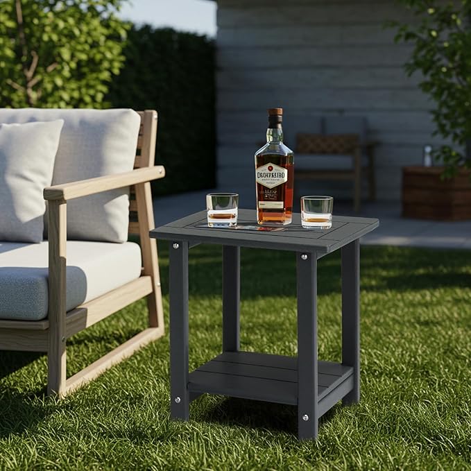 2-Tier Outdoor Side Table, Adirondack Square Side Table, HDPE Adirondack Table Patio Side Table, Weather Resistant End Table Small Outdoor Table for Backyard Pool Porch Garden Lawn,Dark Grey