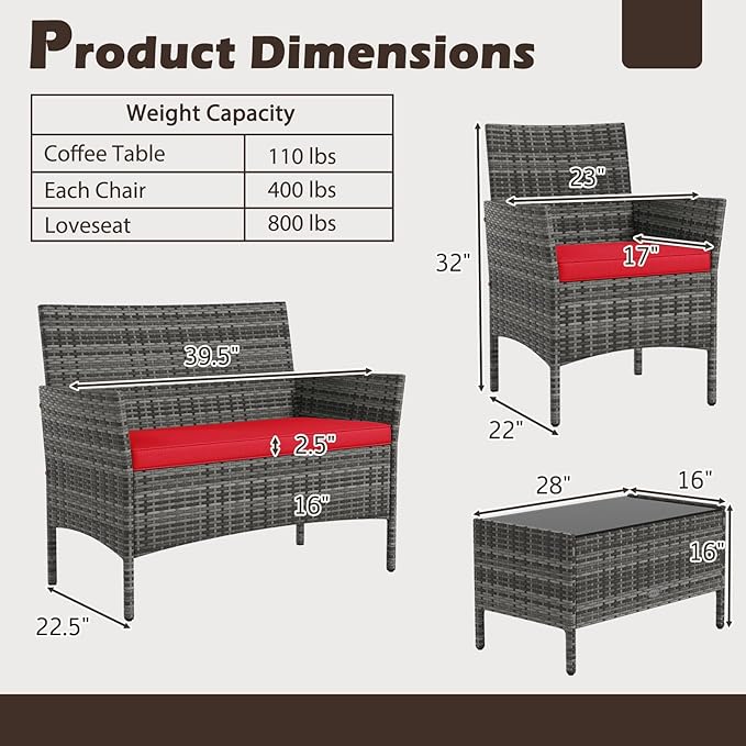 Tangkula 4 Pieces Patio Rattan Conversation Set, Outdoor Wicker Furniture Set with Cushioned Chair, Loveseat & Tempered Glass Table, Outside Sectional Sofa Set for Backyard (G-red,1)