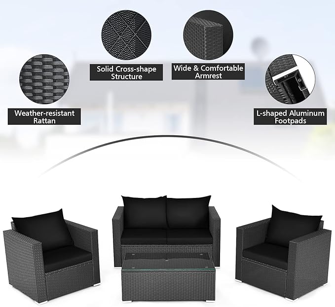COSTWAY 4-Piece Patio Rattan Furniture Set, Cushioned Sofa Chair, Loveseat and Coffee Table with Tempered Glass Top, Outdoor Conversation Sets for Garden Poolside Balcony Porch (Black)