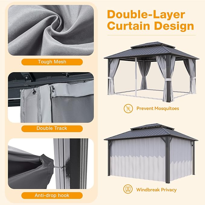 12x14FT Hardtop Gazebo, Metal Frame with Double Galvanized Steel Roof, Permanent Outdoor Pergola with Curtains and Netting Included for Backyard, Patio, Lawn and Garden, Gray