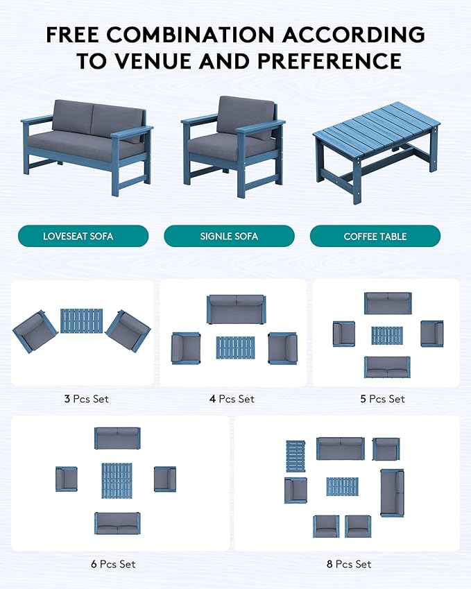 SERWALL 4 Pieces HDPE Outdoor Sofa Set with 10FT Patio Umbrella, All Weather Use Loveseat Furniture Sofa Set, Outdoor Conversation Couch with Coffee Table for Patio, Blue Frame with Grey Cushions