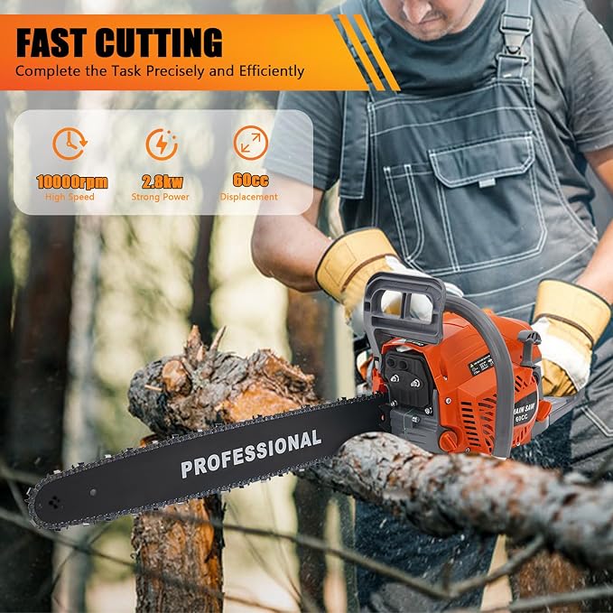 60CC 2-Cycle Gas Powered Chainsaw, 2.8KW Gasoline Chain Saw Cordless, 22Inch Gas Chainsaw Handheld for Wood Cutting and Garden Pruning