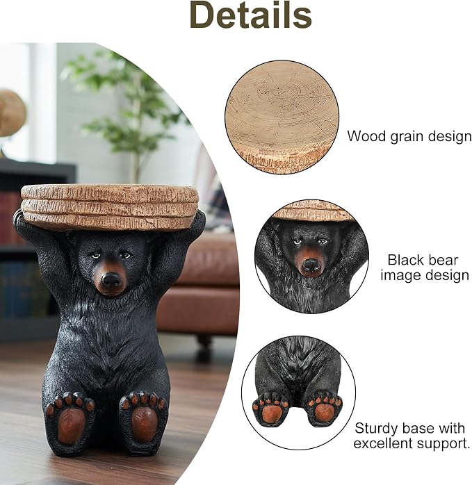 20.8" H Rustic Black Bear Side Table - Outdoor Side Table & Outdoor Decoration,Fibre Reinforced Concrete and Weatherproof, Bear Statue for Garden, Porch, Patio, Balcony or Living Room Decor
