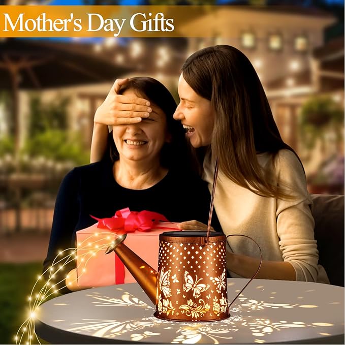 Gifts for Mom, Butterfly Solar Lantern Outdoor Waterproof, Outside Metal Watering can Landscape Lights for Garden Yard Patio Pathway Decor Birthday Gifts for Women Grandma -with Pole