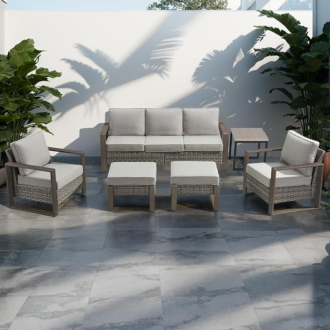 Outdoor Wicker Patio Furniture Set - 6 Piece Patio Conversation Set with 2 Wicker Armrest Chairs,2 Rattan Ottoman,1 Side Table and 1 Couch,Sturdy Frame,Thick Cushions,Deep Seating(Mixed Grey/Grey)