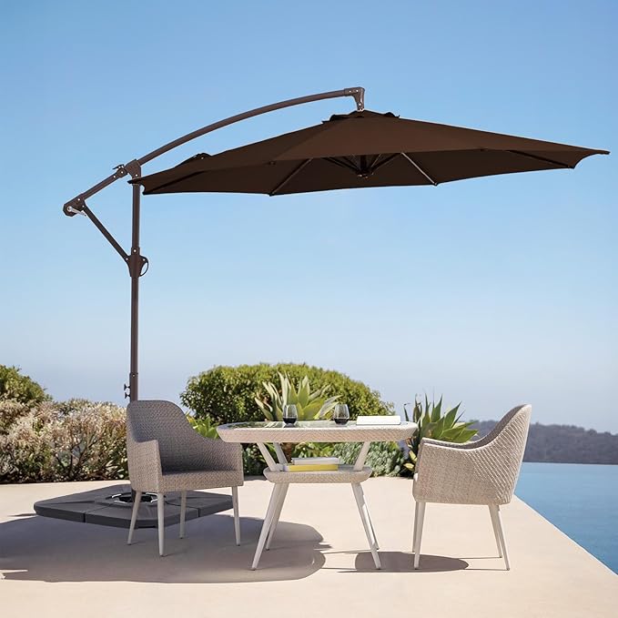 10FT Patio Umbrella, Outdoor Offset Cantilever Umbrella with Sturdy 8 Ribs, Easy Tilt Adjustment for Backyard Pool Garden,Brown