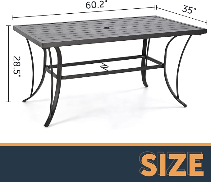 HAPPATIO Patio Dining Table for 6, Metal Steel Slat Patio Dining Table with Umbrella Hole Dia 2", Black Brown (60" x 35" x 28.5")