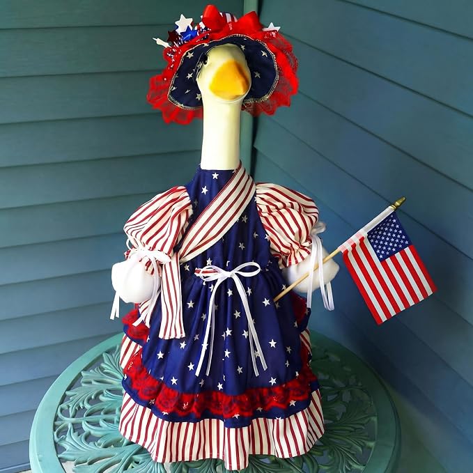 4th of July Porch Goose Outfit Patriotic Independence Goose Clothes for 23" High Cement or Plastic Geese Costume for Yard Lawn Outdoor Garden 250 Year Anniversary Duck Statue Dress American Flag Decor