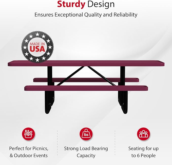 Leisure Craft Metal Picnic Table with Bench - 8 ft Rectangle Outdoor Dining Table with Umbrella Hole, Heavy Duty Thermoplastic Coating, ADA Compliant, Commercial Grade Furniture Made in USA - Burgundy