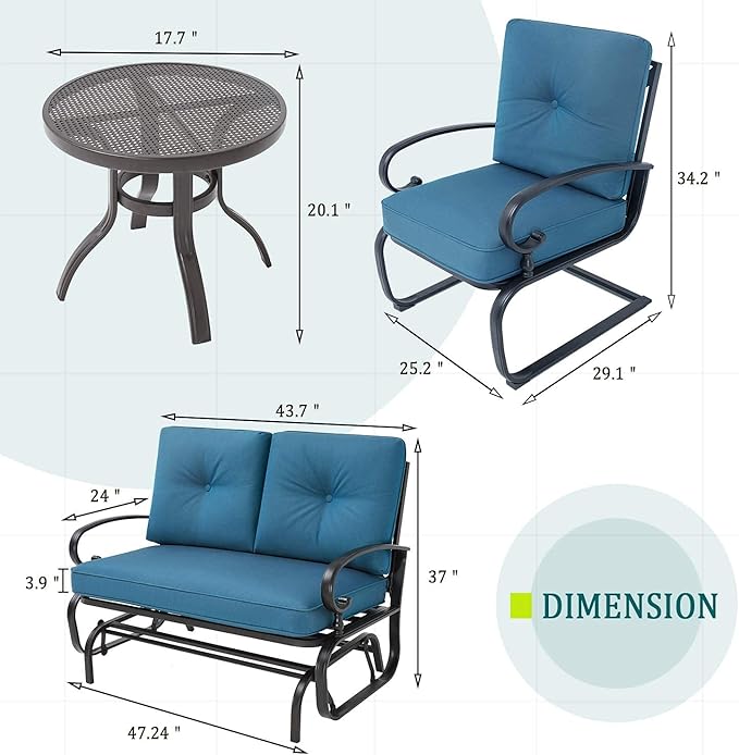 4 Pcs Outdoor Wrought Iron Furniture Patio Conversation Set with Glider Loveseat, 2 Spring Chairs, and Coffee Table (Peacock Blue)