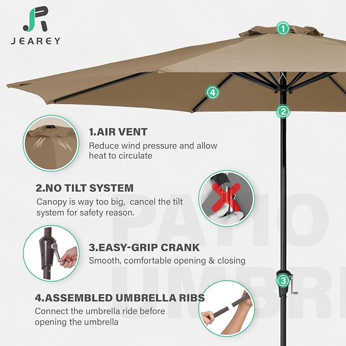 JEAREY 11' Patio Umbrellas Outdoor Table Market Umbrella w/Crank, 8 Sturdy Ribs, UV Protection Windproof for Garden, Deck, Backyard, Pool(Sand)